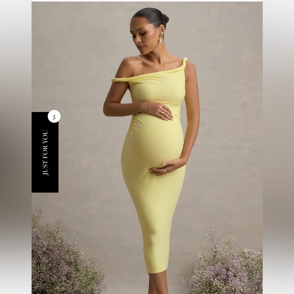 Club L London SALOME LEMON TWISTED ASYMMETRIC MATERNITY MIDI DRESS
